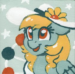 Size: 1192x1171 | Tagged: safe, artist:dandy, imported from derpibooru, oc, oc only, oc:fair flyer, pegasus, pony, acrylic painting, bust, female, flower, hat, mare, open mouth, pegasus oc, solo, stars, traditional art, wings