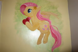 Size: 5184x3456 | Tagged: safe, artist:lawliet13, imported from derpibooru, fluttershy, pegasus, pony, apple, female, flower, flower in hair, flying, food, mare, painting, traditional art