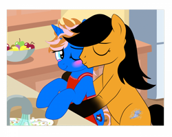 Size: 960x768 | Tagged: safe, artist:amgiwolf, artist:yesic01, imported from derpibooru, oc, oc only, earth pony, pony, unicorn, apron, base used, blushing, cheek kiss, clothes, duo, kissing