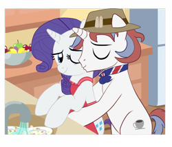 Size: 960x822 | Tagged: safe, artist:yesic01, imported from derpibooru, rarity, oc, pony, unicorn, apron, base used, cheek kiss, clothes, duo, female, kissing, kitchen, male, mare, stallion