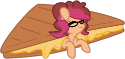Size: 573x272 | Tagged: safe, artist:jadeharmony, imported from derpibooru, oc, oc only, oc:peppermint pop, earth pony, pony, base used, cheese, eyes closed, female, food, glasses, grilled cheese, mare, offspring, parent:cheese sandwich, parent:pinkie pie, parents:cheesepie, ponies in food, sandwich, simple background, smiling, solo, transparent background