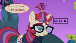 Size: 1280x720 | Tagged: safe, edit, edited screencap, imported from derpibooru, screencap, moondancer, amused, chemistry joke, clothes, cropped, cute, dancerbetes, glasses, moondancer is amused, pun, reaction image, speech, speech bubble, sweater, talking
