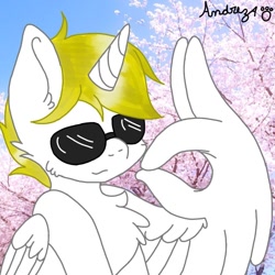 Size: 894x894 | Tagged: safe, artist:andreza, imported from derpibooru, oc, oc only, oc:kionagdl, alicorn, alicorn oc, chest fluff, horn, solo, sunglasses, wing hands, wings