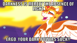 Size: 1066x600 | Tagged: safe, edit, edited screencap, editor:twi clown, imported from derpibooru, screencap, daybreaker, alicorn, pony, a royal problem, caption, female, image macro, laughing, mare, meme, text