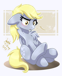 Size: 1100x1350 | Tagged: safe, artist:joakaha, imported from derpibooru, derpy hooves, pegasus, pony, :o, chest fluff, floppy ears, looking down, open mouth, sitting, solo