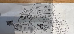 Size: 4031x1884 | Tagged: safe, artist:coggler, imported from derpibooru, shining armor, spike, dragon, pony, doodle, gun, receipt, robbery, speech bubble, sunglasses, traditional art, weapon