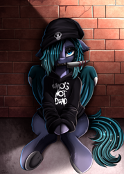 Size: 1446x2014 | Tagged: safe, artist:pridark, imported from derpibooru, oc, oc only, bat pony, bat pony oc, beanie, commission, emo, female, hat, knife, mouth hold, solo