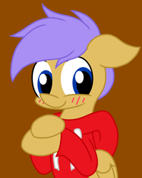 Size: 1918x2405 | Tagged: safe, artist:derpyalex2, imported from derpibooru, oc, oc only, pegasus, pony, blushing, brown background, clothes, digital art, jacket, not scootaloo, simple background, solo, sweater