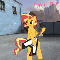 Size: 1000x1000 | Tagged: safe, imported from derpibooru, sunset shimmer, pony, unicorn, /mlp/ tf2 general, badwater, bipedal, electric guitar, guitar, hat, musical instrument, team fortress 2, text