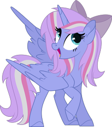Size: 2949x3338 | Tagged: safe, artist:thatusualguy06, imported from derpibooru, oc, oc only, oc:starcollider, alicorn, pony, .svg available, alicorn oc, base used, bow, cute, ear fluff, eyelashes, female, hair bow, high res, hooves, horn, looking up, mare, ocbetes, partially open wings, raised hoof, simple background, slim, solo, standing, svg, thin, transparent background, turned head, vector, wings