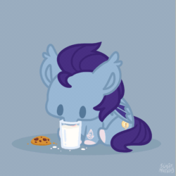 Size: 585x584 | Tagged: safe, artist:sugar morning, imported from derpibooru, oc, oc only, oc:wax n' wane, bat pony, animated, bat pony oc, chibi, commission, cookie, drinking, food, gif, male, milk, mlem, signature, silly, simple background, solo, stallion, tongue out, ych result