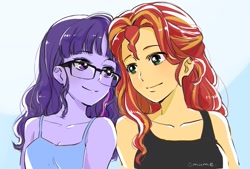 Size: 1637x1109 | Tagged: safe, artist:5mmumm5, imported from derpibooru, sci-twi, sunset shimmer, twilight sparkle, equestria girls, bare shoulders, duo, duo female, female, glasses, lesbian, looking at each other, looking at someone, loose hair, scitwishimmer, shipping, sleeveless, sunsetsparkle