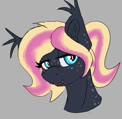 Size: 679x662 | Tagged: safe, artist:reddthebat, imported from derpibooru, oc, oc only, oc:mare bits, bat pony, pony, bat pony oc, bust, fangs, female, freckles, gray background, lidded eyes, looking at you, mare, portrait, simple background, smiling, smiling at you, solo