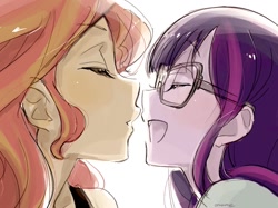 Size: 1060x793 | Tagged: safe, artist:5mmumm5, imported from derpibooru, sci-twi, sunset shimmer, twilight sparkle, equestria girls, about to kiss, eyes closed, female, glasses, laughing, lesbian, loose hair, scitwishimmer, shipping, simple background, sunsetsparkle, white background