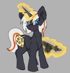 Size: 636x661 | Tagged: safe, artist:reddthebat, imported from derpibooru, oc, oc only, oc:velvet remedy, pony, unicorn, fallout equestria, drum magazine, ear fluff, female, gray background, gun, levitation, looking at you, magic, mare, open mouth, open smile, shotgun, simple background, smiling, smiling at you, solo, telekinesis, weapon