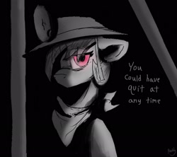 Size: 2392x2124 | Tagged: safe, artist:reddthebat, imported from derpibooru, oc, oc only, oc:number nine, earth pony, pony, bandana, black and white, black background, female, grayscale, helmet, looking at you, mare, mining helmet, monochrome, partial color, simple background, solo, talking to viewer