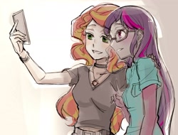 Size: 1960x1493 | Tagged: safe, artist:5mmumm5, imported from derpibooru, sci-twi, sunset shimmer, twilight sparkle, equestria girls, cellphone, duo, duo female, female, lesbian, loose hair, phone, pockets, scitwishimmer, selfie, shipping, side view, sunsetsparkle