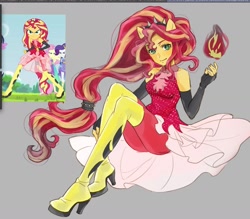 Size: 1684x1472 | Tagged: safe, artist:5mmumm5, imported from derpibooru, screencap, sunset shimmer, human, cheer you on, equestria girls, equestria girls series, spoiler:eqg series (season 2), ass, boots, butt, female, fire, gray background, ponied up, scene interpretation, shoes, simple background, solo, spiked headband