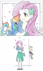 Size: 1240x2048 | Tagged: safe, artist:5mmumm5, imported from derpibooru, applejack, fluttershy, rainbow dash, sci-twi, twilight sparkle, human, pegasus, pony, equestria girls, 2 panel comic, butterfly hairpin, caught, comic, emanata, female, flutterdash, holding a pony, hugging a pony, human and pony, lesbian, one eye closed, petting, rainbow dash is not amused, shipping, simple background, tsunderainbow, tsundere, unamused, white background