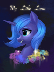 Size: 2203x2937 | Tagged: safe, artist:rily, imported from derpibooru, princess luna, alicorn, pony, black background, blue eyes, simple background, smiling, solo, young luna