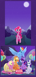 Size: 1247x2626 | Tagged: safe, artist:dreamyrat, imported from derpibooru, applejack, fluttershy, pinkie pie, rainbow dash, rarity, twilight sparkle, earth pony, pegasus, pony, unicorn, balloon, cake, comic, evening, female, fireworks, food, hat, horn, looking at each other, looking at someone, mane six, mare, moon, mountain, open mouth, open smile, party, picnic, pie, shy, smiling, spread wings, stars, surprised, tree, village, wings