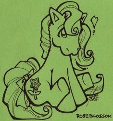 Size: 460x489 | Tagged: safe, artist:yohjisbabe, imported from derpibooru, rose blossom, pony, 2005, bow, cute, dog lip, g3, g3betes, heart, lineart, monochrome, sitting, solo, tail, tail bow, traditional art