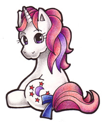 Size: 428x513 | Tagged: safe, artist:yohjisbabe, imported from derpibooru, moondancer (g1), pony, unicorn, 2005, bow, g1, simple background, sitting, solo, tail, tail bow, traditional art, white background