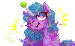 Size: 1920x1200 | Tagged: safe, artist:jully-park, imported from derpibooru, izzy moonbow, pony, unicorn, ball, digital art, female, g5, horn, hornball, izzy's tennis ball, mare, simple background, smiling, solo, tennis ball, white background