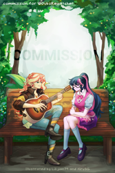 Size: 2000x3000 | Tagged: safe, artist:hiru3152, artist:lzjian79, imported from derpibooru, sci-twi, sunset shimmer, twilight sparkle, human, equestria girls, bench, collaboration, commission, female, glasses, guitar, lesbian, musical instrument, playing, sci-twi outfits, scitwishimmer, shipping, sunsetsparkle