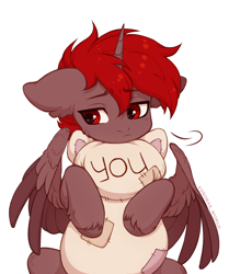 Size: 2800x3350 | Tagged: safe, artist:avroras_world, imported from derpibooru, oc, oc only, oc:hardy, alicorn, pony, (you), ear fluff, floppy ears, hug, lonely, male, plushie, sad, simple background, solo, stallion, white background