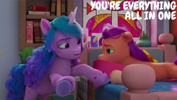 Size: 2000x1125 | Tagged: safe, edit, edited screencap, editor:quoterific, imported from derpibooru, screencap, izzy moonbow, sunny starscout, earth pony, pony, unicorn, spoiler:my little pony: make your mark, spoiler:my little pony: make your mark chapter 2, spoiler:myms01e04, ali-conned, bed, bipedal, bipedal leaning, bracelet, coat markings, duo, duo female, female, friendship bracelet, g5, hoof heart, jewelry, leaning, mare, my little pony: make your mark, my little pony: make your mark chapter 2, open mouth, open smile, pillow, sad, smiling, socks (coat markings), sulking, sunny sadscout, underhoof, upset