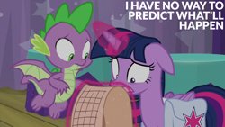 Size: 2000x1125 | Tagged: safe, edit, edited screencap, editor:quoterific, imported from derpibooru, screencap, spike, twilight sparkle, alicorn, dragon, a trivial pursuit, bag, floppy ears, magic, saddle bag, scroll, telekinesis, twilight sparkle (alicorn), winged spike, wings