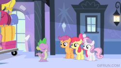 Size: 520x293 | Tagged: safe, imported from derpibooru, screencap, amethyst stone, apple bloom, scootaloo, spike, sweetie belle, crystal pony, dragon, earth pony, pegasus, pony, unicorn, equestria games (episode), animated, apple bloom's bow, armor, bow, crystal guard, crystal guard armor, crystallized, cutie mark crusaders, hair bow, male, royal guard, stallion