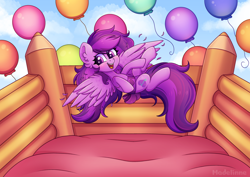 Size: 3508x2480 | Tagged: safe, artist:madelinne, imported from derpibooru, oc, oc only, oc:emilia starsong, pegasus, pony, balloon, belt, bouncy castle, cloud, female, flying lesson, happy, mare, open mouth, open smile, pegasus oc, smiling, solo, zero gravity