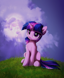 Size: 2684x3245 | Tagged: safe, artist:empress-twilight, imported from derpibooru, twilight sparkle, pony, unicorn, cloud, cute, female, grass, high res, horn, looking at you, mare, multicolored hair, multicolored tail, outdoors, purple eyes, sitting, sky, solo, tail, twiabetes, unicorn twilight