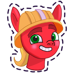 Size: 1024x1024 | Tagged: safe, imported from derpibooru, sprout cloverleaf, earth pony, pony, blushing, clothes, cute, g5, gameloft, grin, hard hat, hat, looking at you, male, my little pony: mane merge, official, simple background, smiling, smiling at you, solo, sproutbetes, stallion, sticker, transparent background