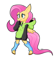 Size: 1814x2031 | Tagged: safe, artist:tysobro, imported from derpibooru, fluttershy, pegasus, semi-anthro, antonymph, big eyes, blue eyes, clothes, eyelashes, fluttgirshy, gir, hoodie, invader zim, leg warmers, leggings, long sleeves, long tail, simple background, smiling, solo, spread wings, tail, white background, wings