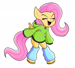 Size: 2048x1857 | Tagged: safe, artist:tysobro, imported from derpibooru, fluttershy, pegasus, semi-anthro, antonymph, blue eyes, clothes, eyes closed, fluttgirshy, gir, happy, hoodie, leg warmers, leggings, long sleeves, open mouth, open smile, simple background, smiling, solo, vylet pony, white background, yelling