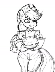 Size: 1354x1764 | Tagged: safe, artist:tysobro, imported from derpibooru, anthro, earth pony, clothes, eyebrows, eyebrows visible through hair, food, one eye closed, oven mitts, overalls, pie, sketch, smiling, solo, wink