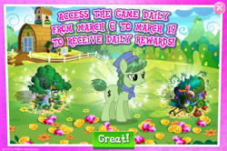 Size: 1956x1298 | Tagged: safe, imported from derpibooru, pony, unicorn, advertisement, bush, coin, costs real money, english, female, gameloft, gem, hat, healer's mask, horn, mare, mask, mobile game, my little pony: magic princess, official, spider web, text, tree, unnamed character, unnamed pony