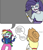 Size: 944x1094 | Tagged: artist needed, source needed, safe, imported from derpibooru, applejack, rainbow dash, rarity, equestria girls, 4chan, amogus eyes, among us, crying, laughing, meme, speech bubble, vulgar, zimbabwe