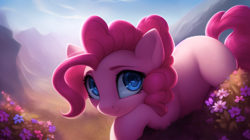 Size: 1600x896 | Tagged: prompter needed, safe, imported from derpibooru, pinkie pie, earth pony, ai content, ai generated, blank flank, blue eyes, female, flower, generator:pony diffusion v4, looking at you, mare, mountain, mountain range, prompter:scamper