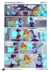 Size: 2780x3877 | Tagged: safe, artist:atariboy2600, artist:bluecarnationstudios, imported from derpibooru, sci-twi, sunset shimmer, twilight sparkle, human, comic:the amazonian effect, comic:the amazonian effect iv, equestria girls, breasts, buff breasts, busty sci-twi, busty sunset shimmer, busty twilight sparkle, clothes, comic, duality, female, muscles, muscular female, open mouth, sci-twi's house, smiling, sunset lifter, twolight