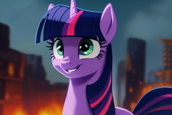 Size: 600x400 | Tagged: safe, imported from derpibooru, twilight sparkle, pony, unicorn, ai content, ai generated, city, generator:stable diffusion, green eyes, post-apocalyptic, smiling, solo, television