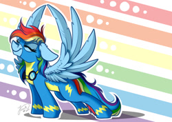 Size: 1024x725 | Tagged: safe, artist:julunis14, imported from derpibooru, rainbow dash, pegasus, pony, clothes, eyes closed, goggles, rainbow background, smiling, solo, spread wings, stretching, uniform, wings, wonderbolts uniform