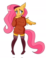 Size: 1616x2048 | Tagged: safe, artist:tysobro, imported from derpibooru, fluttershy, anthro, pegasus, plantigrade anthro, clothes, long socks, nervous, simple background, socks, solo, sweater, thigh highs, turtleneck, white background