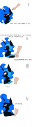 Size: 1000x4000 | Tagged: safe, artist:ruanshi, color edit, derpibooru exclusive, edit, editor:faraday, imported from derpibooru, nightmare moon, alicorn, human, pony, armor, blushing, colored, hand, implied belly rubs, looking at you, looking away, nightmare moon armor, petting, sexy, simple background, solo focus, stupid sexy nightmare moon, text, tsundere, white background