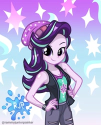 Size: 1080x1335 | Tagged: safe, alternate version, artist:rjp.rammy, imported from derpibooru, starlight glimmer, human, equestria girls, equestria girls series, armpits, bare shoulders, beanie, blushing, breasts, cleavage, clothes, eyebrows, female, hand on hip, hat, looking at you, raised eyebrow, signature, sleeveless, smiling, smiling at you, solo, tanktop, watch