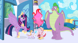 Size: 1024x561 | Tagged: safe, artist:velveagicsentryyt, imported from derpibooru, spike, twilight sparkle, oc, oc:eclipse sparkle, oc:sapphire, alicorn, draconequus, dragon, hybrid, pony, deviantart watermark, fire, gigachad spike, interspecies offspring, obtrusive watermark, offspring, older, older spike, older twilight, parent:discord, parent:smolder, parent:spike, parent:twilight sparkle, parents:discolight, parents:spolder, princess twilight 2.0, twilight sparkle (alicorn), watermark, winged spike, wings