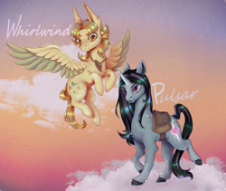 Size: 2358x1992 | Tagged: safe, artist:ponikiec, imported from derpibooru, oc, oc:pulsar, oc:whirlwind, pegasus, pony, unicorn, duo, female, horn, pegasus oc, unicorn oc